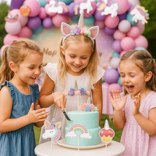 Image of pixelfox Rubber Reusable Unicorn Birthday Decoration Kit - 72 Pcs Party Supplies | Cute Cutout Balloons & Banner Combo | Magical Birthday Decor for Girls, Kids & Adults, Multicolor