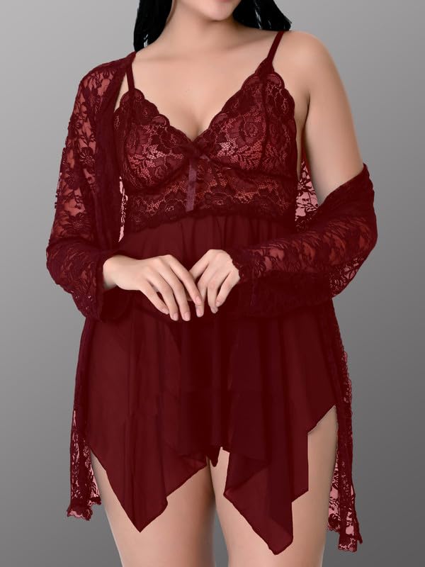 Image of Net Lace Spandex Women Babydoll Nightgown Honeymoon Lingerie Nighty