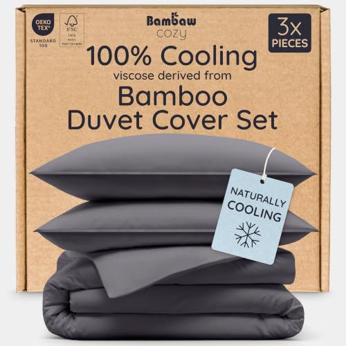 Bambaw 100% Viscose Derived from Bamboo Duvet Cover Queen Size - 3 Piece Cooling Duvet Cover Set, Soft Duvet Cover Queen Size, Breathable Duvet Cover Set, No Comforter (Charcoal)