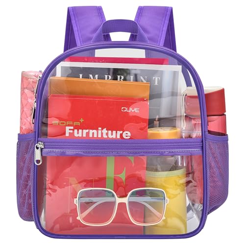 Image of Busiuw Clear Backpack for Stadium Events 12x12x6 Mini Small Sports Fan Backpacks with Front Pocket for Concert Sport Events Work Travel(Purple)