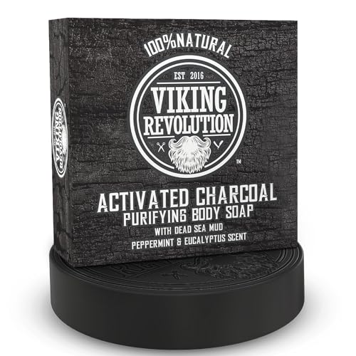 Viking Revolution Skin Cleaning Agent Activated Charcoal Soap for Men w/Dead Sea Mud, Body and Face, Cleanser,Cleansing Blackheads - Peppermint & Eucalyptus Scent 6 Oz (Pack of 1)