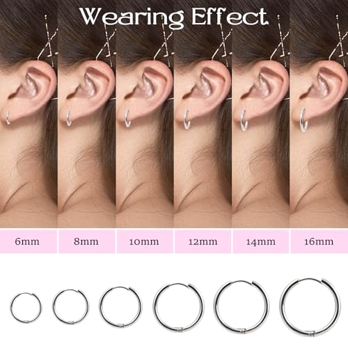 6 Pairs Hoop Earrings Set for Women, 316L Surgical Stainless Steel, Hypoallergenic Cartilage Hoop Earrings for Helix Tragus Conch Piercing Jewelry for Women Men(6-16mm)3