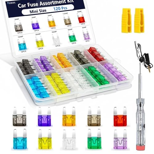 Auligex 120Pcs Car Fuse Kit with Tester & Puller Mini Car Fuses Assortment Kit (2A/3A/5A/7.5A/10A/15A/20A/25A/30A/35A) 12V Upgraded Fuse Kit Automotive for RVs Trucks SUVs Boats Motorcycles