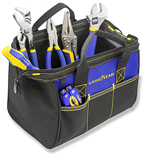 GOODYEAR Heavy Duty 12 Wide Mouth Tool Bag, Strong Wire Structure Keeps Mouth Open, Tear Resistant Materials, Double Zipper Head Opening, Removable Shoulder Strap, Interior & Exterior Pockets