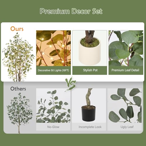 GarveeHome Artificial Eucalyptus Tree, 7ft Tall Fake Artificial Plant with White Planter,Large Faux Floor Plant Fake Silk Trees with 100 Lights Artificial Trees for Home Decor Indoor