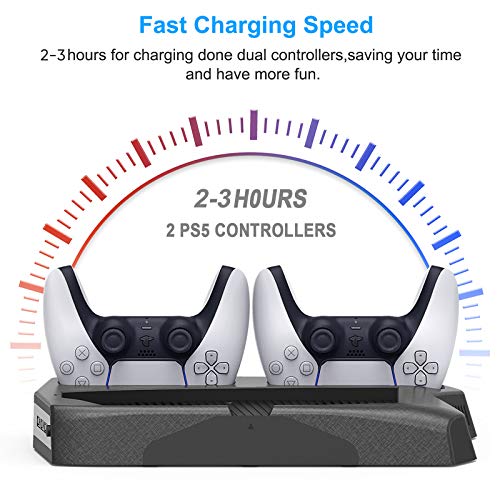 Vertical Stand with Cooling Fan for PS5 Console and PS5 Digital Edition, YUANHOT Charging Station Dock with Dual Controller Charger Ports and Retractable Game Storage for PS5 and DualSense - Black - Thumbnail 2