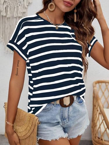 LilyCoco Womens Short Batwing Sleeve Striped Shirt Crew Neck Tops Casual Loose Fit Tee4