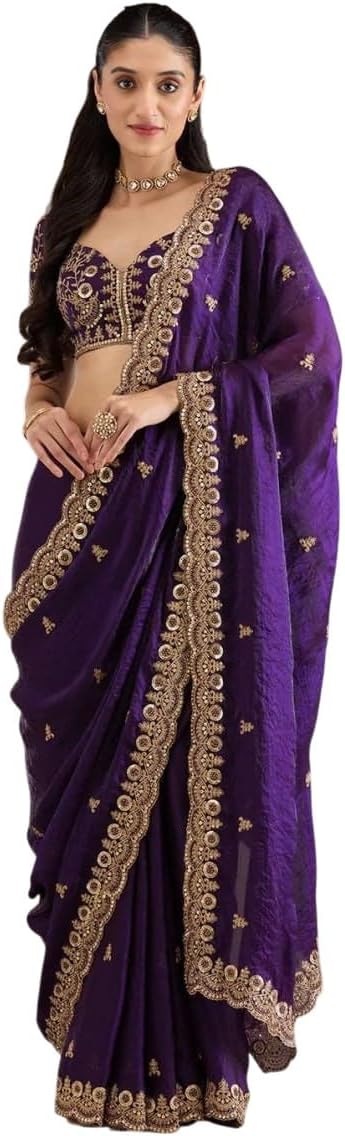 Indian Wedding Embroidered Silk Saree with Blouse, Gold Border, Bridal Wedding Wear