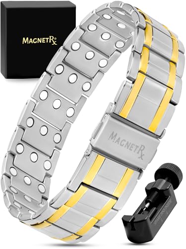 MagnetRX® 3X Strength Magnetic Bracelets for Men – Effective Magnetic Titanium Bracelet for Men – Premium Fold-Over Clasp & Adjustable Length with Sizing Tool & Gift Box (Silver/Gold)