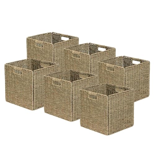 Box and beyond - Lot de 6 Paniers de Rangement - 31 x 31 x 31 cm - Jonc de Mer Naturel - Pliables - Avec Poignées - Rangement, Déco - Chambre, Salon, Bureau - Style...
