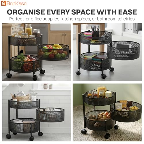 Image of BonKaso 3-Layer Round Multipurpose Kitchen Trolley with Swivel Storage Basket & 360 Rotating Wheels, Black Steel Frame, Easy Mobility, Space-Saving and Durable