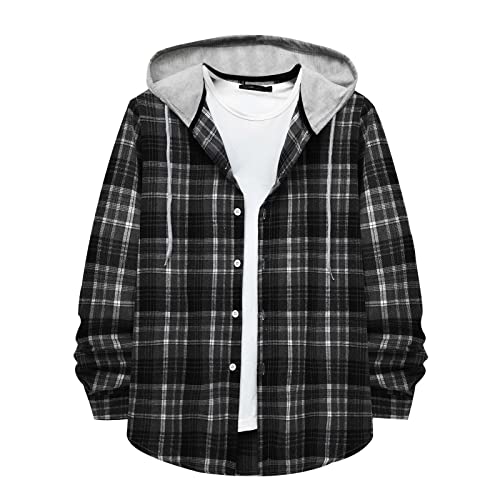 NATHGAM Men's Jacket Shirts Plaid hooded Fashion oversized Coat Lightweight Long Sleeve Fall Warm Casual Button Down Shirts