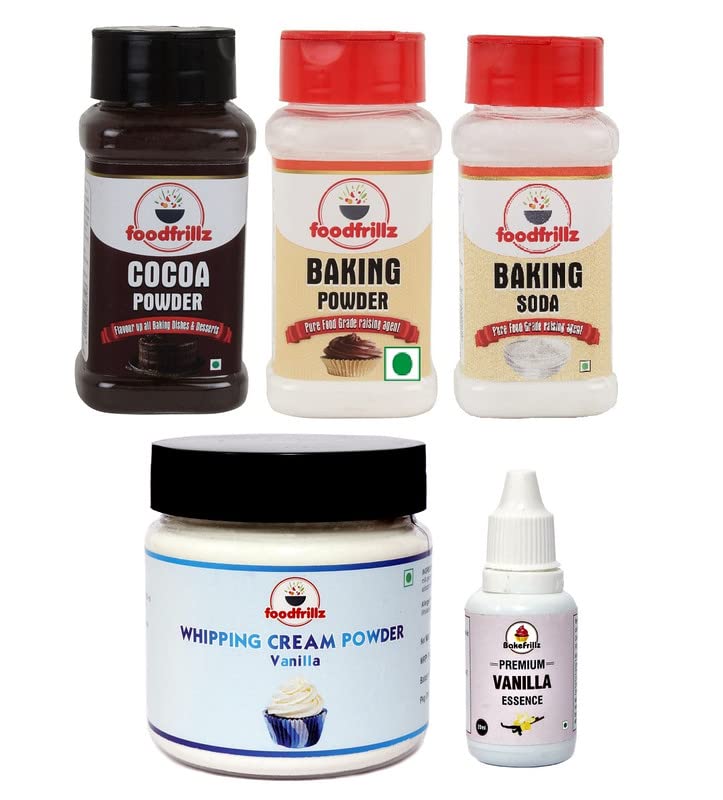 - foodfrillz Combo of 5 Baking Ingredients - Whipping Cream Powder 100g, Cocoa Powder 60g, Baking Powder 100g, Baking Soda 140g & Bakefrillz Vanilla Essence (20ml)