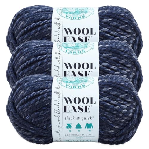 Image of Lion Brand Yarn Wool-Ease Thick and Quick Yarn, Soft and Bulky Yarn for Knitting, Crocheting, and Crafting, 3 Pack, River Run | Super Bulky Wool Acrylic Blend Fiber for Soft Hats, Sweaters, Chunky Blankets, Yarn for Crochet, Knitting, Crafts, Weaving