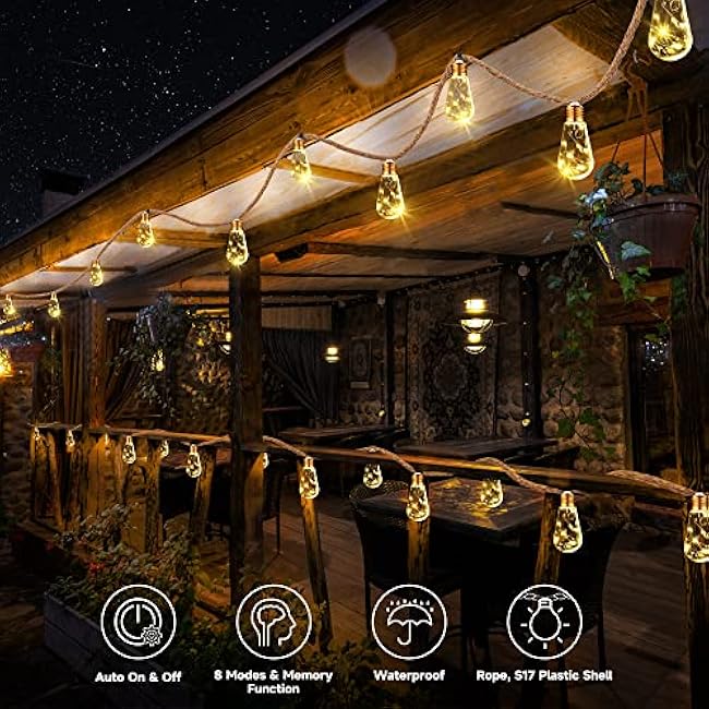 Solar Outdoor String Lights, 2 Pack 20Ft Vintage Rope Hemp Solar Patio Lights, Waterproof Warm White Solar Powered String Lights With 8 Modes 16 Shatterproof Bulbs for Fence Stairs Balcony Caf¨¦ Bistro