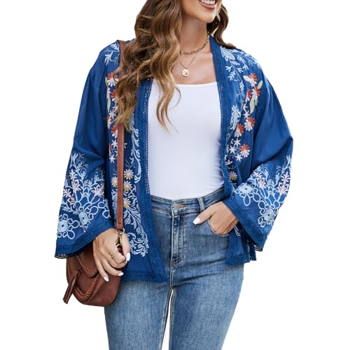 Women's Long Sleeves Floral Embroidered Kimono Cardigan, Blue Open Front Jacket, Bohemian Style3