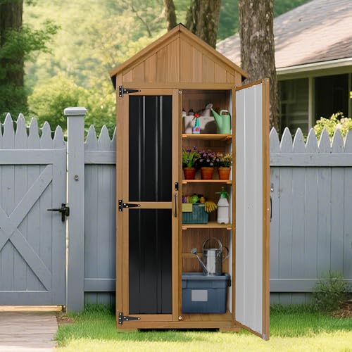 Image of Outdoor Storage Cabinet Waterproof, Outdoor Storage Shed with Shelves, Wood & Metal Patio Backyard Garden Storage Cabinet Tool Organizer for Outside