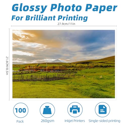 Uinkit 100 Sheets Heavyweight Thick Glossy Photo Paper Single side 8.5x11 Inkjet 68lb 260Gsm DIY Greeting Card Placemat Craft Project Signage Christmas Poster 11.8Mil for Inkjet printer