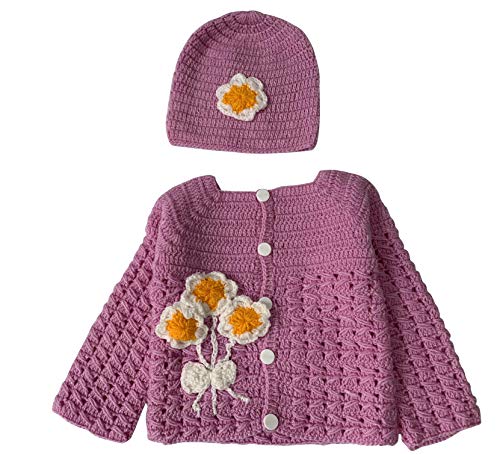 Image of Hand Made 3 Piece Knitted Magnolia Flower Purple Baby Crochet Set- Newborn Toddler Wool Sweater Set Includes- Booties & Hat