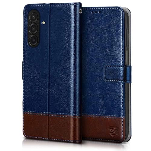 Image of FLIPPED Vegan Leather Flip Case Back Cover for Samsung Galaxy M17 5G | A17 5G | F17 5G (Flexible, Shock Proof | Hand Stitched Leather Finish | Card Pockets Wallet & Stand | Blue with Brown)
