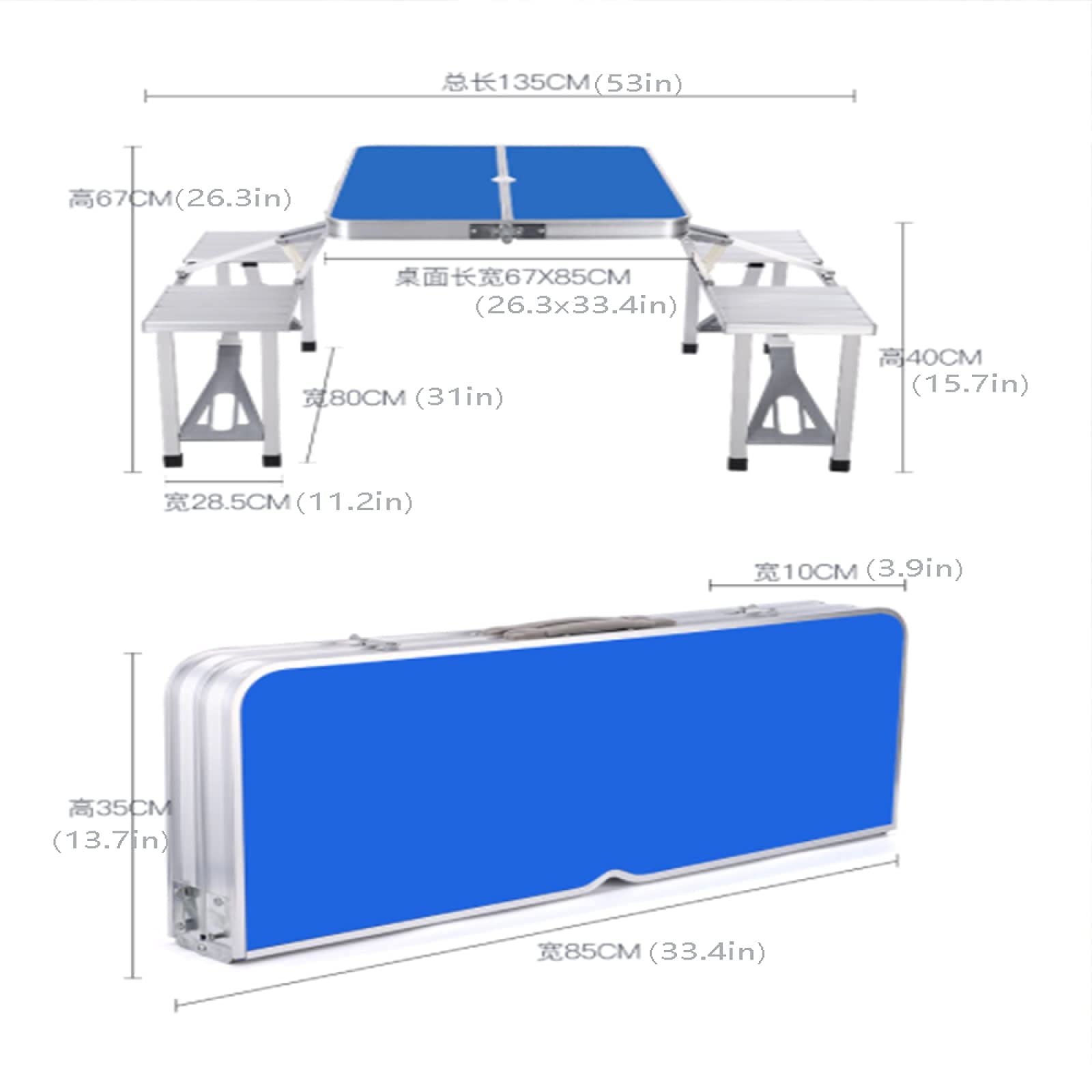 4-siedziny aluminiowy stół kempingowy i krzesła Zestaw, lekkie składane biurko piknikowe z parasolowym otworem, przenośny sprzęt zewnętrzny do podróży, park, plaża, spotkania na podwórku