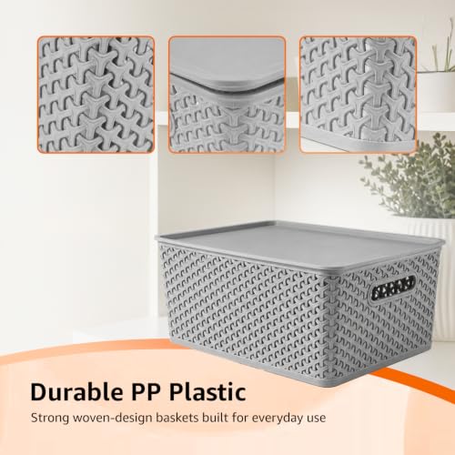 Image of Amazon Basics Set of 3 Plastic Storage Baskets with Lid Stackable Organiser for Wardrobe, Kitchen, Clothes, Toys, Books, Office, Stationery Multipurpose (Medium, 36x30x13 cm | Multicolour, Rectangular