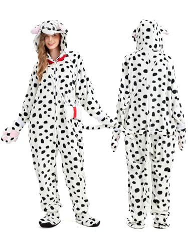 Hislovy Dalmatiner Kostüm Damen Herren, Tier Onesie Erwachsene Schlafanzug-Einteiler für Karneval Halloween Party,Weiß,3XL