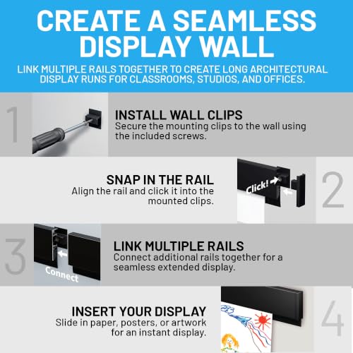 Image of AS Hanging 6ft Paper and Poster Hanger Rail (2x3ft Rails) - Black | Aluminum poster rail with No-Jam grip for paper to 2mm card. Damage-free Click & Connect for home, office & school.