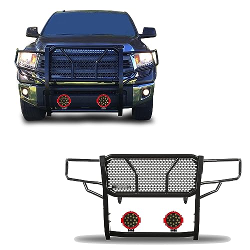 Image of Black Horse RUGGED Heavy Duty Grille Brush Bumper Guard Modular Black Come With pair of 7.0 inchDia.LED Lights with Red Trim Rings Compatible with 2007-2020 Tundra|2008-2022 Sequoia-RU-TOTU07-B-PLR