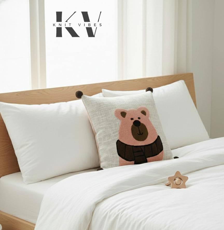 Image of White Cartoon Bear Embroidered Kids Cushion Cover 16 x 16 Inches or 40x40 cms Cotton Fabric Cushion Covers for Sofa Set /Diwan Beds, Sofa Throw Pillow Cover only, Set of 1 Pc