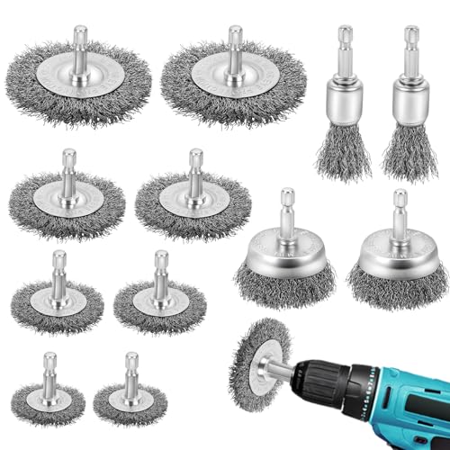 Yokuni 12 Stück Drahtbürste Bohrmaschine Set 6mm Drahtbürste Akkuschrauber mit Sechskantstange Metallbürsten Für Stahlbürste Akkuschrauber Zum Polier Schleifen Entrosten Entgraten