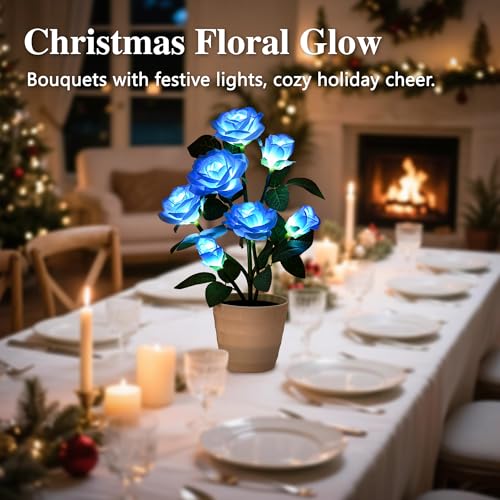 Image of Artificial Blue Rose Flower Lamp LED Lights, Flower Table Lamp for Bedroom Bar Coffee Shop Wedding Valentines Mothers Day Birthday Christmas - Unique Gifts for Women Her Girlfriend Wife Mom