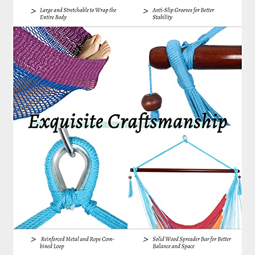 Caribbean Hammock Swing Chair With Spreader Bar, Large Hammock Chair, Hand Craft Rope Hanging Chair Outdoor, Indoor, Bedroom, 330 Lbs Weight Capacity, Rainbow #TOP3