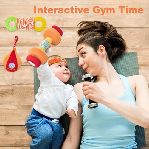 Gdbykds Jouet Bebe Gym Peluche 6 Pièces, 0-12 Mois Bébé Jouets - Jeu Montessori avec Haltère/Sac à Main/Sac De Sable/Bouilloire/Tendeur/Serre - Tête Sport Baby Gym, Hochet Bebe 3-6 Mois – Image 5