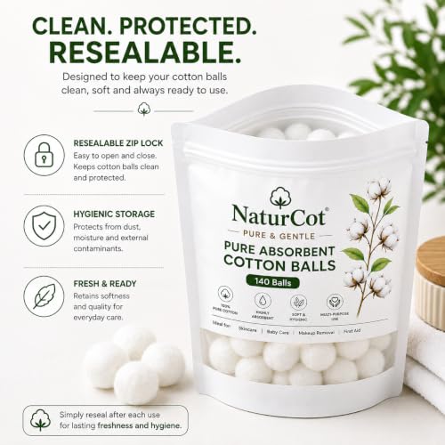 Image of Enriched Premium 100% Pure Cotton Balls (140 Pieces) | Ultra-Soft, Lint-Free & Highly Absorbent | Resealable Moisture-Proof Pouch for Skincare, Baby Care, Makeup Removal & First Aid