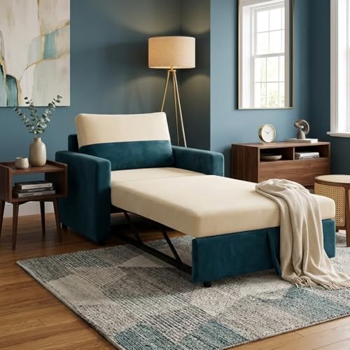 Image of SOCOZI Enrique 1 Seater Sofa Cum Bed | Soft Velvet Suede Fabric | Modern Convertible Design | Plush Comfort Seating for Living Room (Green Teal-Cream)