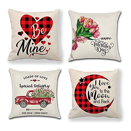 QICI 4 Pcs Valentines Day Decorations Valentine's Day Pillow Covers Valentine's Day Buffalo Check Pillow Covers Buffalo Plaid Throw Pillows Covers Retro Truck Love Cushion Cover(18x18in)