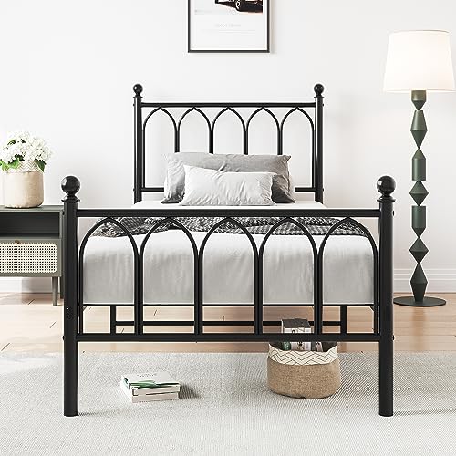 FOUBAM Telaio Letto in Metallo Con Testiera, Struttura Singolo 90 x 200 cm, per Camera da Letto, Ospiti e Piccoli Spazi, Colore Nero