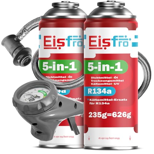 Eisfro - 5in1 - Kältemittel R134a + Schlauch 2X 235 g für Auto Klimaanlage mit Öl Dichtungsmittel UV-Farbstoff Trocknungsmittel - Schützt den Kompressor
