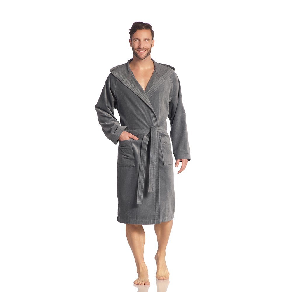 Vossen Bademantel – Texas Flanell, Unisex Kurzmantel mit Kapuze, Weiss