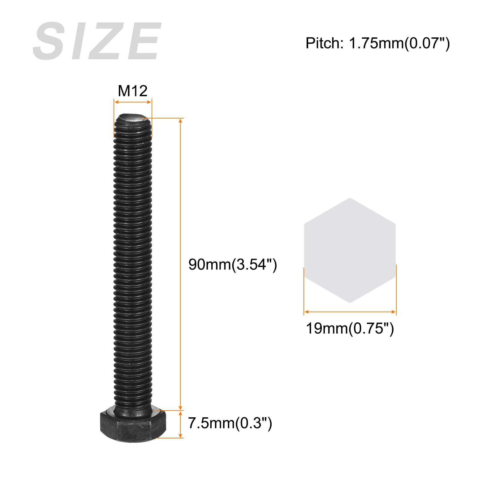 METALLIXITY Hex Bolts (M12-1.75x90mm) 3Pcs, Carbon Steel Fully Threaded Black Oxide, Coarse Thread UNC Hex Head Screw Bolt - for Furniture Repair - Image 2