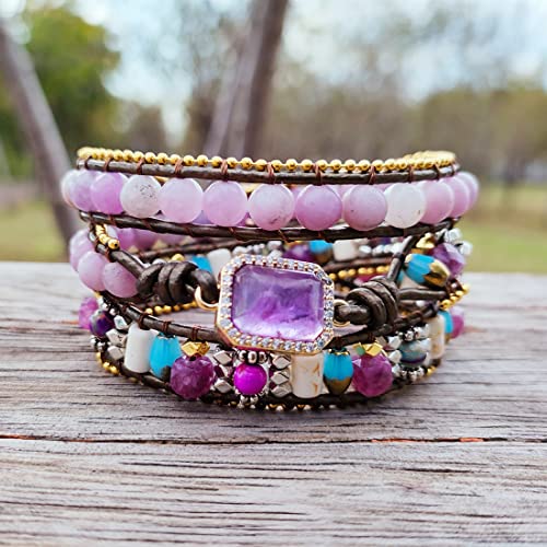 Ygline Boho Handmade Wrap Leather Amethyst Crystal Stone Bracelet For Women #TOP1
