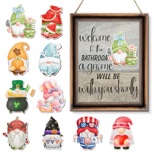 Funny Spring Gnomes Bathroom Decor - Interchangeable Seasonal Gnomes Bathroom Hanging Wooden Sign for Restroom Shelves Toilet Tank Decoration (10 Pcs) - Welcome to the Bathroom