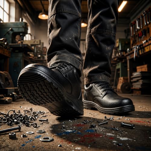 Image of Shyam Steel Men's Lightweight Synthetic Leather Safety Shoes | Slip & Oil-Resistant Heavy-Duty PVC Sole Industrial Work Footwear for Construction & Factory | Low-Ankle Lace-Up Black Work Shoes