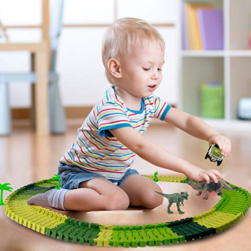 ShinePick Dinosaur 142 PCS Race Car Train Track Toys Create A Road Dinosaur Tracks Set Flexible Tracks Playset, Perfect Christmas & Birthday Gift for Kids - Thumbnail 6