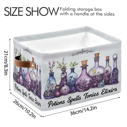 Image of Halloween Witch Potions Storage Basket with Waterproof Liner and PU Handles Purple Herb Spooky Storage Bins Boxes 14.2 inch Collapsible Decorative Organizer Baskets for Bedroom Closet Office 1 Pack