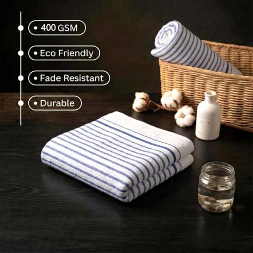 Image of Athom Living Premium Hand Towels- Cotton, 400 GSM, Ultra Soft, Quick Dry, Highly Absorbent | for Hand, Kitchen and Gym | 60 * 40 cm, Pack of 4 (White with Blue Stripes)
