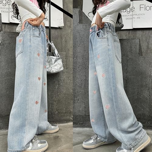 Baggy Jeans for Girls Embroidered Hearts Adjustable Waist Wide Leg Pants Y2K Cute Jeans for Girls Distressed Light Washed3