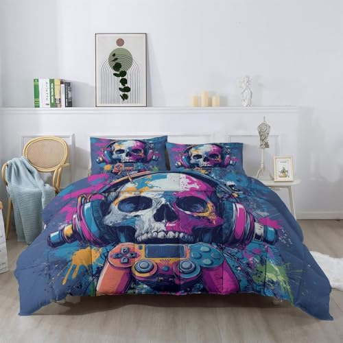 Genérico Edredon Cama 90 Cráneo Edredón Infantil sin Funda Reversible Azul Estampado Suave Ligero Transpirable Duvet 135x200 cm Incluye 2 Fundas de Almohada 50x75 cm YUe2150