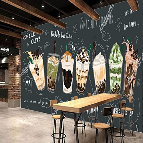 Modern Hand-Painted 3D Milk Tea Dessert Mural Wall Paper, Bubble Tea Shop Industrial Decor Blackboard Background Wallpaper Wall Murals, Suitable For Restaurants And Beverage Shops, 110"Wx78.7"H #TOP2